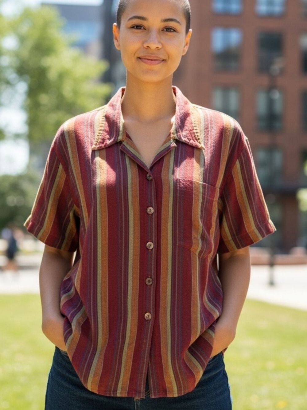 VTG ABS ALLEN SCHWARTZ WARM MULTICOLOR STRIPED BUTTON-DOWN SHORT SLEEVE SHIRT M